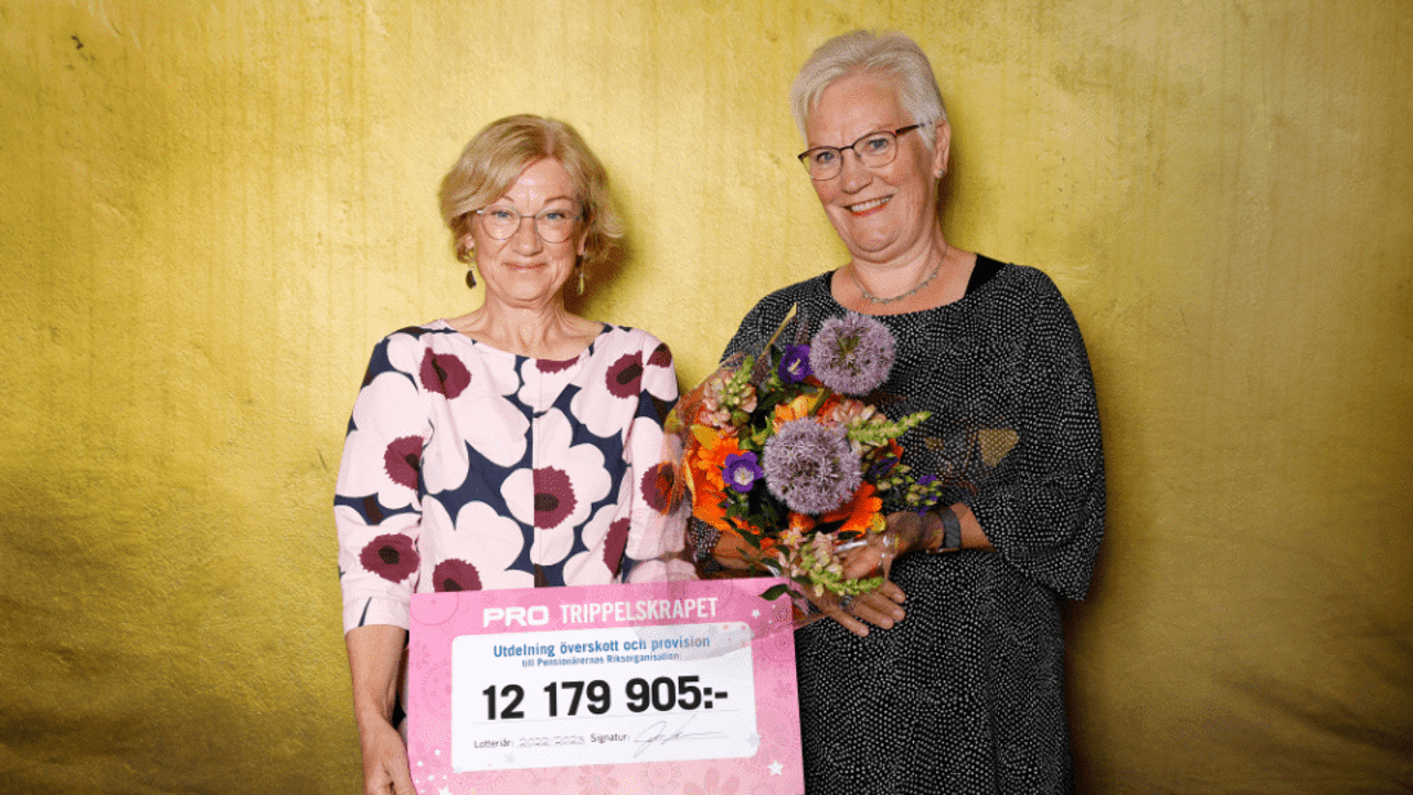 Johanna Hållén, förbundssekreterare på PRO och förbundsordförande Åsa Lindestam mottog överskottet 2023, baserat på det gångna året. Foto: Malin Bondeson